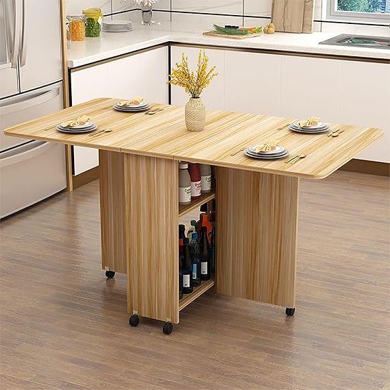 Space Saving Folding Dining Table Portable Extendable Kitchen Table Extendable Dining Table Mobile Drop Leaf Table with 6 Wheels Foldable Expandable Multipurpose Table with 2 Open Storage Shelves Gate