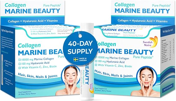 Swedish Nutra Marine Beauty 10,000 mg Liquid Collagen Shots, 40 x 25 ml | Type 1 & 3 marine collagen beauty shots for skin, hair & nails with higher absorption; 100% natural flavour, daily beauty