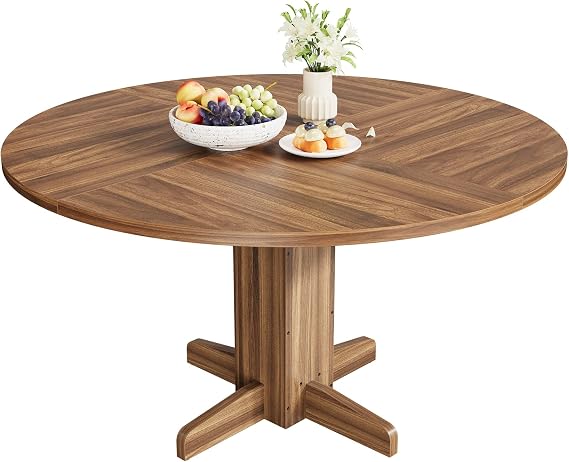 IDEALHOUSE Round Dining Table for 4-6, 47" Wood Kitchen Table, Walnut | Accent Furniture with Sturdy Pedestal Base, Farmhouse Circle Dinner Tables for Dining Room, Living Room, Apartment