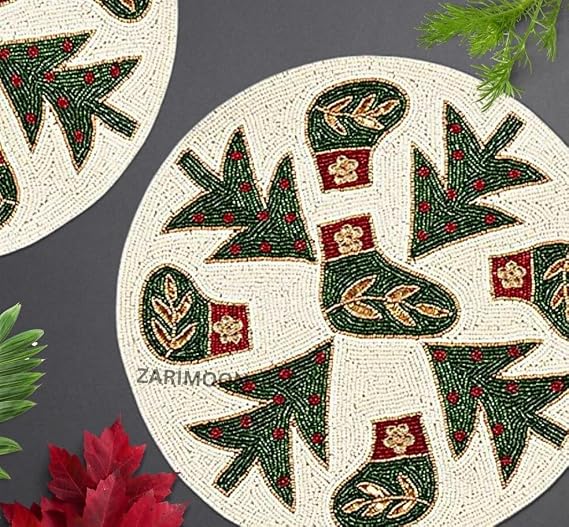 Set of 2 Christmas Handmade Beaded placemat, Beaded Charger, Beaded Table mat, Multicolor Centrepiece, Gift for her, Embroidered ZARIMOON