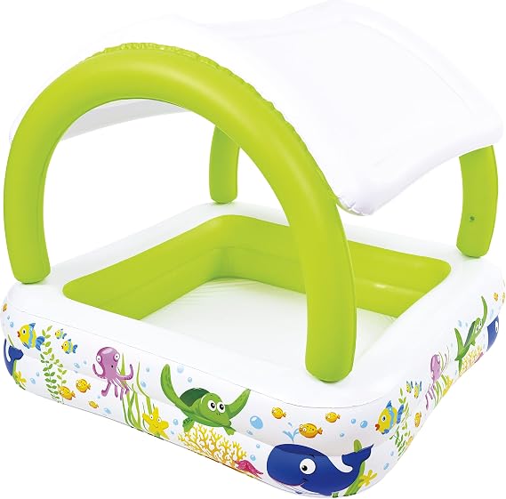 JILONG JL-688055 WH/GR Sunshade Square Pool, 57.1 x 57.1 x 13.8 inches 145 x 145 x 35 cm, Inflatable Size, Large Air Valve Included, Drain Valve Included