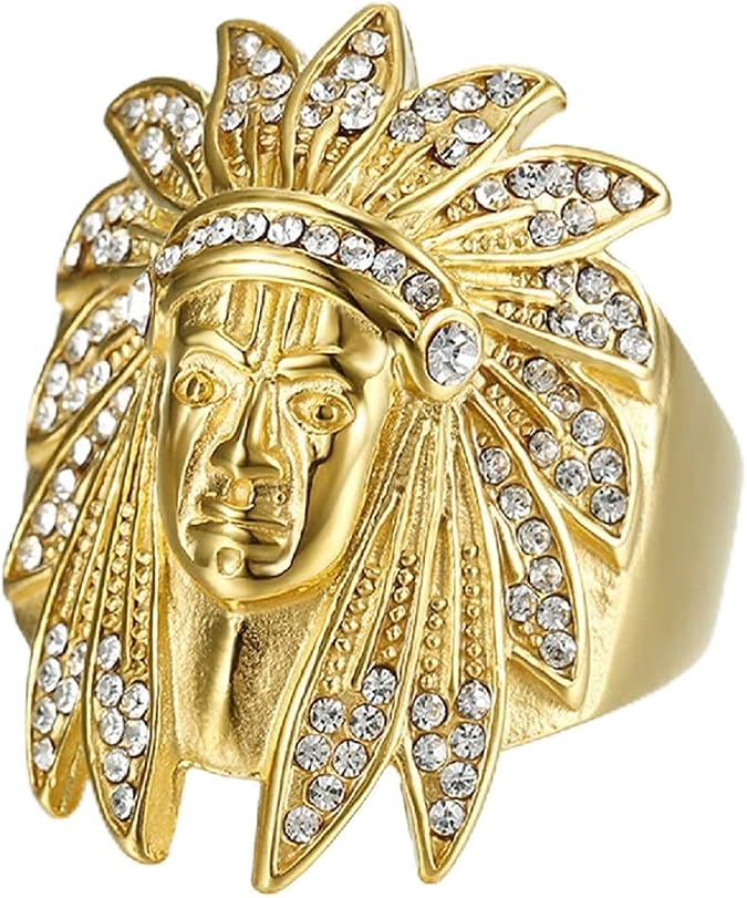 Gold Indian Chief Ring,Native American Indian Chief Ring for Men, Stainless Steel Iced Out Indian Chief Head Biker Ring Vintage Tribal Chief Head Ring,Gothic Punk Rock Gold Native American Jewelry