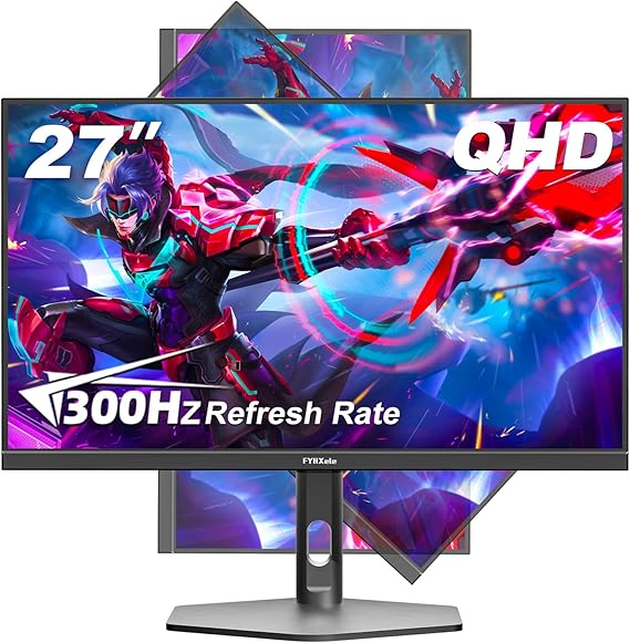 FYHXele 27 inch Gaming Monitor 300Hz, QHD 1440P, 0.8ms Frameless, Ultra Slim Computer Monitor, Height/Pivot/Swivel/Tilt Adjustable Vertical Monitor, Support FreeSync, VESA, DP*2, HDMI*2