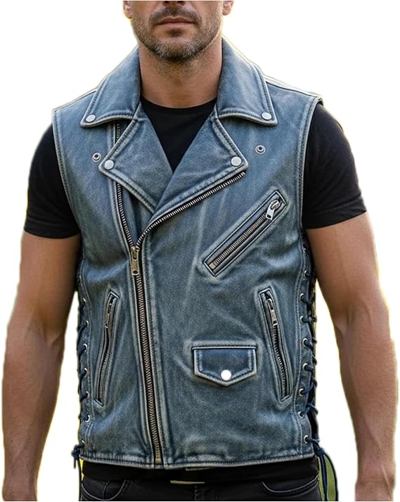 Mens Distressed Leather Vest Vintage Motorcycle Biker Vest | Genuine Cowhide Leather Sleeveless Jacket