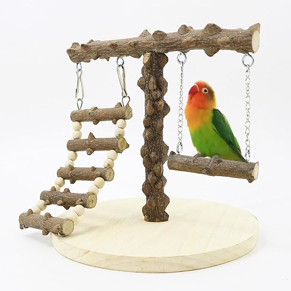 Bird Play Stand - Wooden Parrot Stand Bird Playground with Ladder Swing Training Stand Pole Pet Chew Toy Exercise Game Gym Stand for Small to Medium Birds