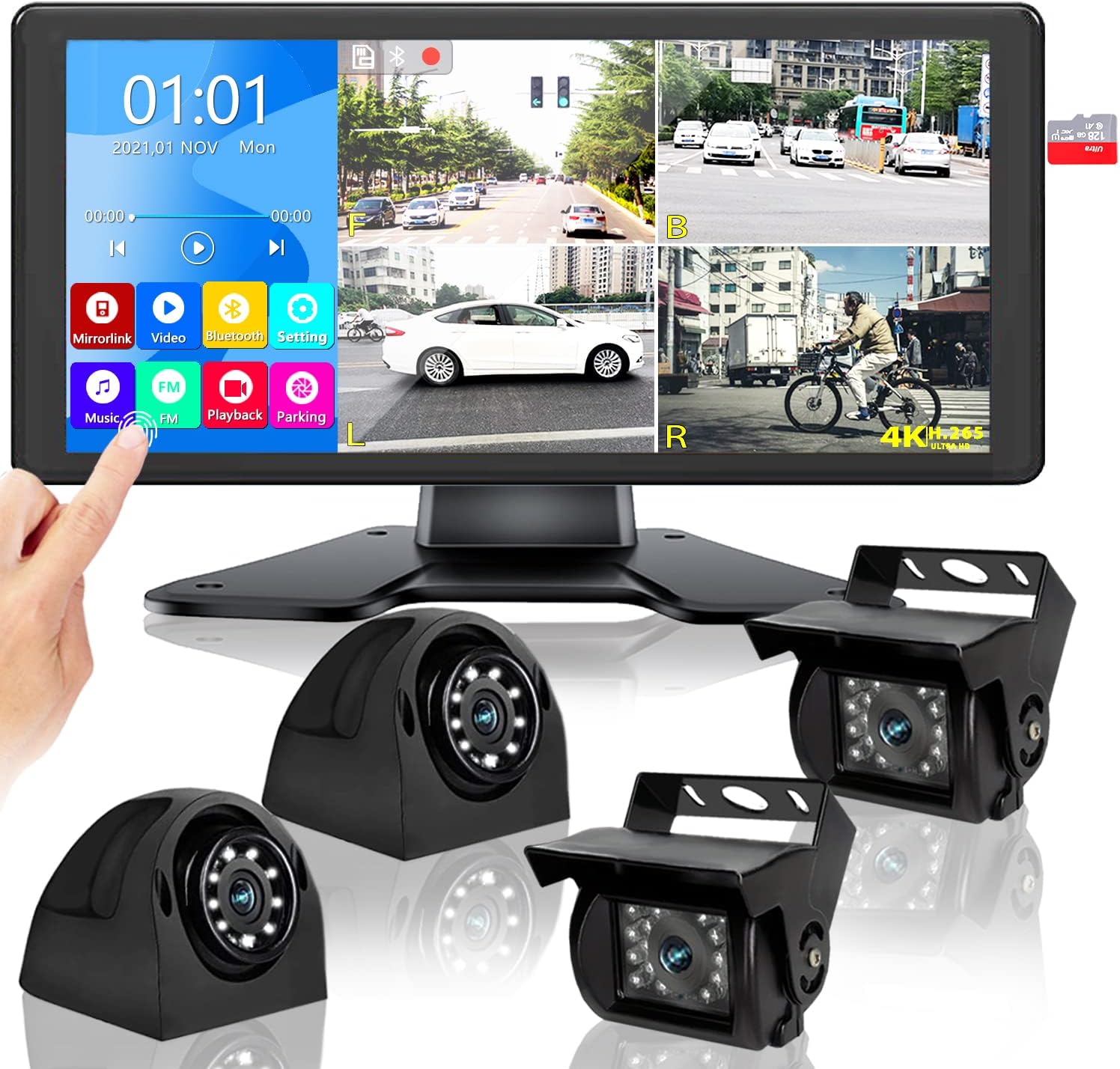 4K RV Reversing Camera System with 10.36’’ Monitor for RV Truck Bus Trailer with Rear Side View 4 Cameras 4 Splits Touch Screen DVR Recording IP69 Waterproof Bluetooth Music Video Playback Avoid Blind