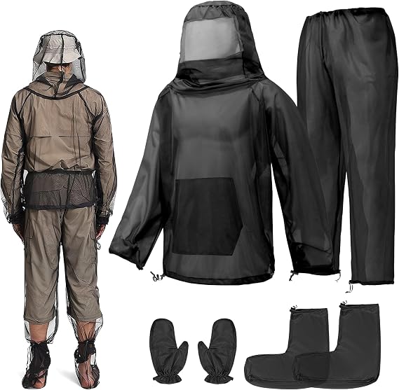 Mosquito Bug Suit for Men Women, 4 Pcs Full Body Mosquito Net Suit Including Mosquito Jacket with Hood, Pants, Gloves, Socks Breathable Mesh Mosquito Proof Clothing for Fishing, Hiking, Gardening