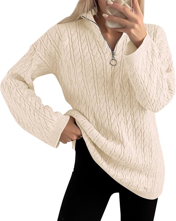 Imily Bela Womens Cable Knit Half Zip Sweater Fall Oversized Pullover Tops