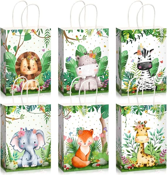 Pajean 18 Pcs Safari Goodie Bags with Handles For Kids Birthday Party