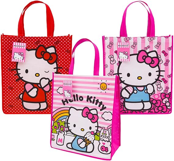 Fast Forward Hello Kitty Reusable Tote Bags, 16 inch, Pink and Red, 3 Pack