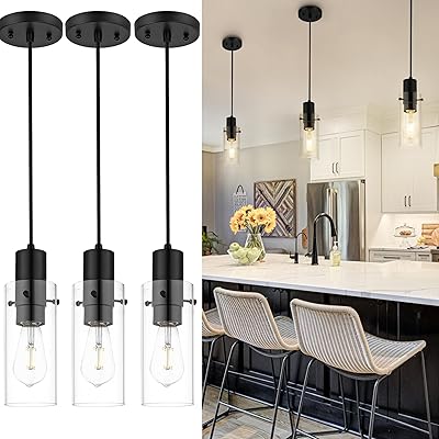 Emak Modern Black Pendant Lights Kitchen Island, 3 Light Farmhouse Pendant Light with Clear Glass Shade, 3 Pack Hanging Light Fixture for Kitchen, Bedroom, Bathroom, PL120-BKBK-3PK