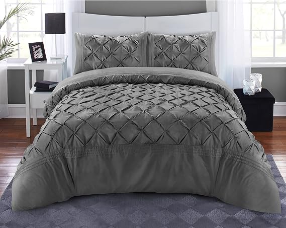Pintuck Charcoal Duvet Cover Set 3 Pieces Pinch Pleat Microfiber Grey Bedding Covers Hotel Quality Quilt Bed Sets with Pillowcases Double King Super King Size