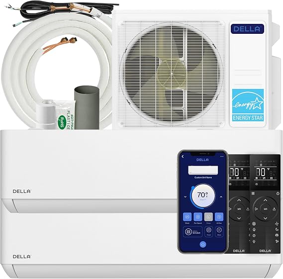 DELLA 27K BTU ODU 2 Zone 9000 12000 BTU 24 SEER2 208-230V Cools Up to 950 Sq.Ft Wifi Energy Saving Multi Zone Ductless Pre-Charged Mini Split AC & Heat Pump Work with Alexa, 16ft Installation Kits