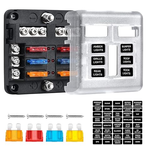 6-Way Marine Fuse Block,Waterproof 12v Fuse Block with LED Indicator for 12V/24V Automotive Golf Cart Truck Car Boat Marine RV Motorcycle