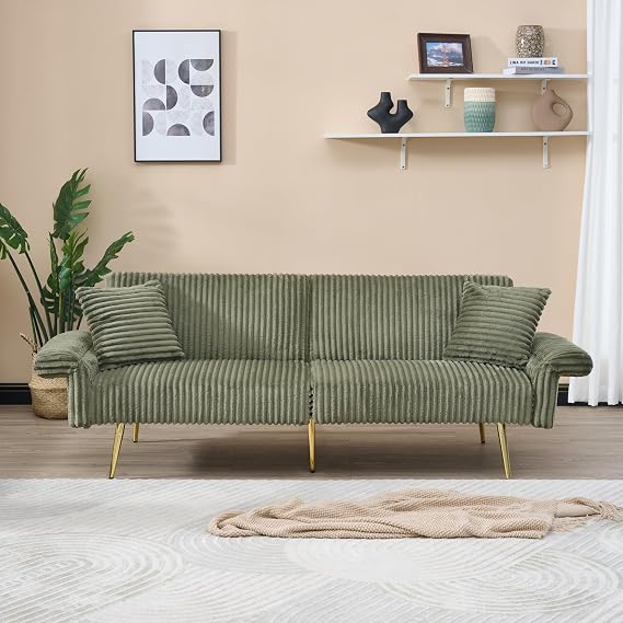 Green 79" Convertible Futon Sofa Bed with Adjustable Backrest & Armrests, Modern Corduroy Folding Loveseat Sleeper Couches with Two Soft Pillows for Living Room Apartment Office (Green)