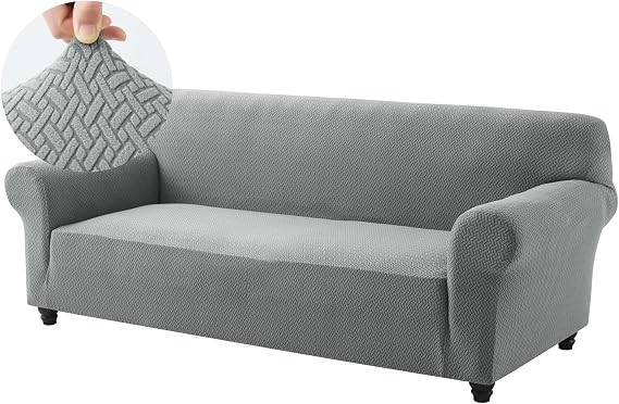 Hafaa High Stretch Sofa Cover 3 Seater Jacquard Spandex Non Slip Grey Sofa Slipcovers Elastic Fit Couch Covers for Living Room Soft Washable Furniture Protector for Pets/Kids/Dogs
