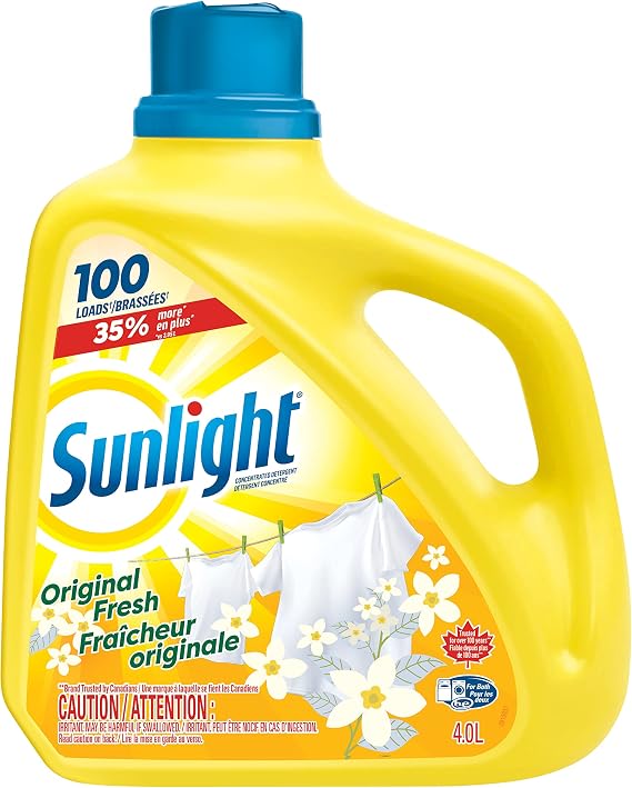 Sunlight Detergent Original Lemon Fresh (100 loads, 4.0L) with Concentrated Formula, Laundry Detergent Liquid for Exceptional Cleaning and Stain Remover to Brighten Laundry, Yellow