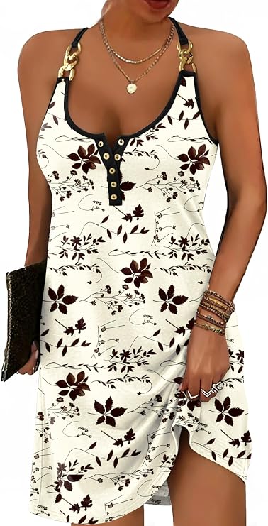 SAUKOLE Womens Summer Dresses Spaghetti Strap Halter Neck with Buttons Casual Sundress Sexy Cover Up Beach Dress