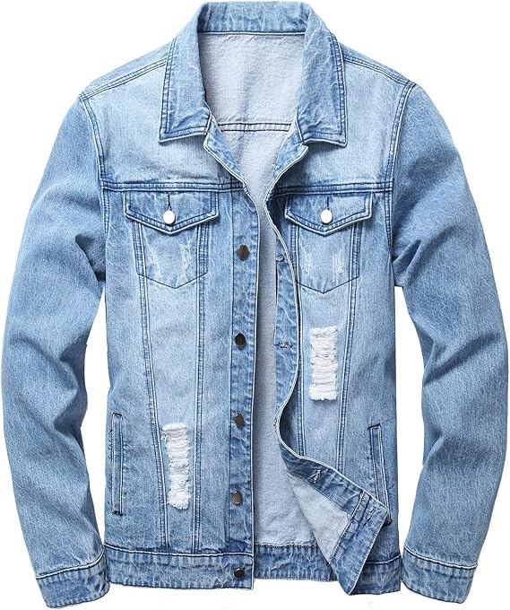 Mens Denim Jacket Ripped Slim Jean Jacket Coat for Men
