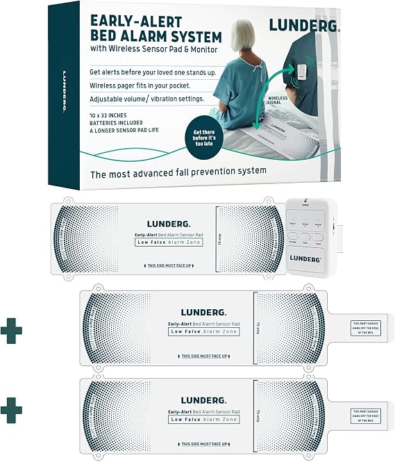 Lunderg Early Alert Bed Alarm System with 3 Wireless Sensor Pads & 1 Pager - Elderly Monitoring Kit with Pre-Alert Smart Technology - Bed Alarms