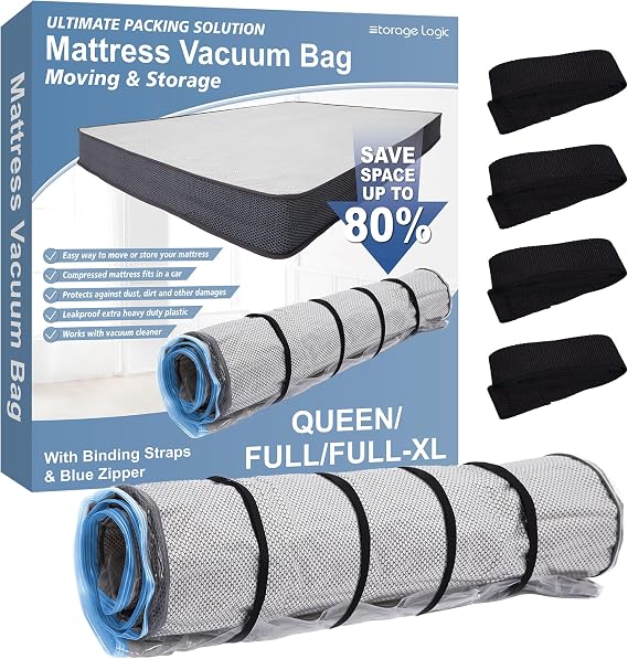 Foam Mattress Vacuum Bag with Blue Zipper & 4 Straps, Queen/Full/Full-XL