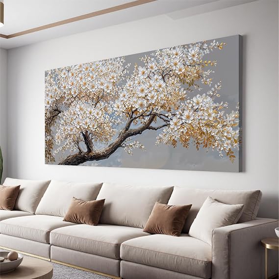 Modern White Flower Tree Of Life Wall Art For Bedroom Decor 20x40 In