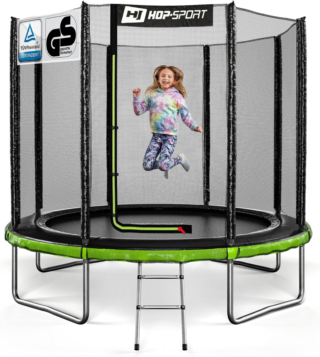 Hop-Sport Outdoor Trampoline - Diameter 244/305/366/427/488 cm - Trampoline with External Safety Net Sturdy Frame Construction and Safety Certificates - Complete Set with Ladder