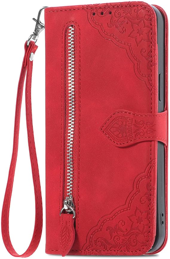 Embossed Folio Flip Compatible with Xiaomi POCO F7 Ultra Case Wallet PU Leather Case Cellphone Shell Kickstand with ID Credit 7 Card Slots Cases Covers Lanyard Strap Zip Coin Purse Cover,Red