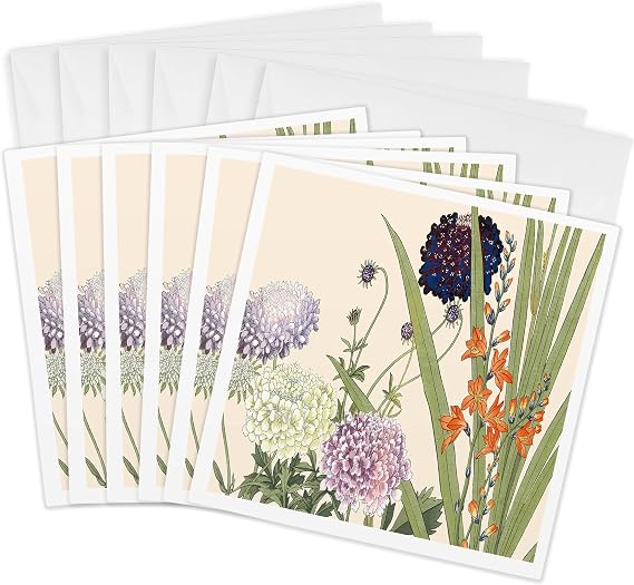 3dRose Greeting Cards - Montbretia and Scabiosa in White, Lavender, Blue and Orange - 6 Pack - BLN Japanese Woodblock Flowers by Tanigami Konan
