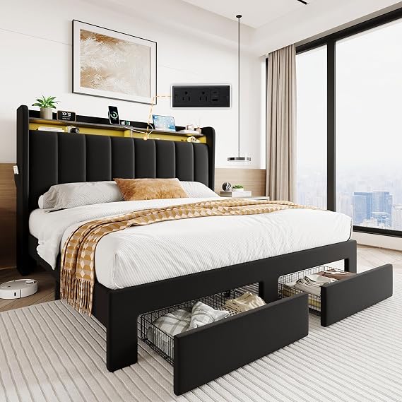 SHA CERLIN Queen Bed Frame with 2-Tier Storage Headboard & 2 Drawers