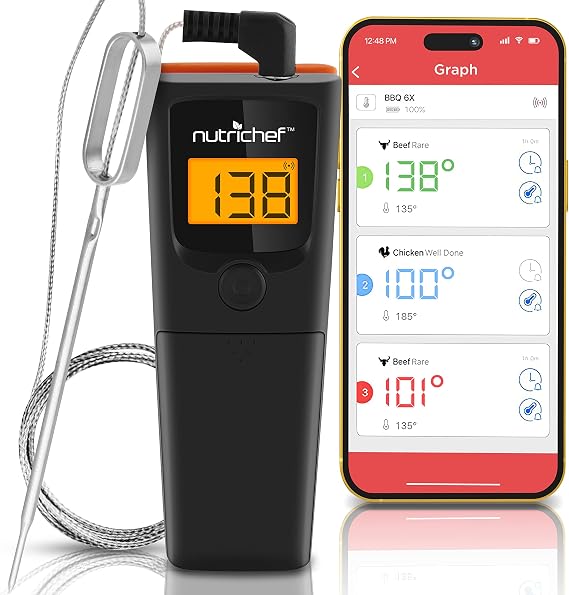 NutriChef Bluetooth Grill BBQ Meat Thermometer, 150 ft Wireless Digital Monitoring Timer & Alarm for Smoker, Oven