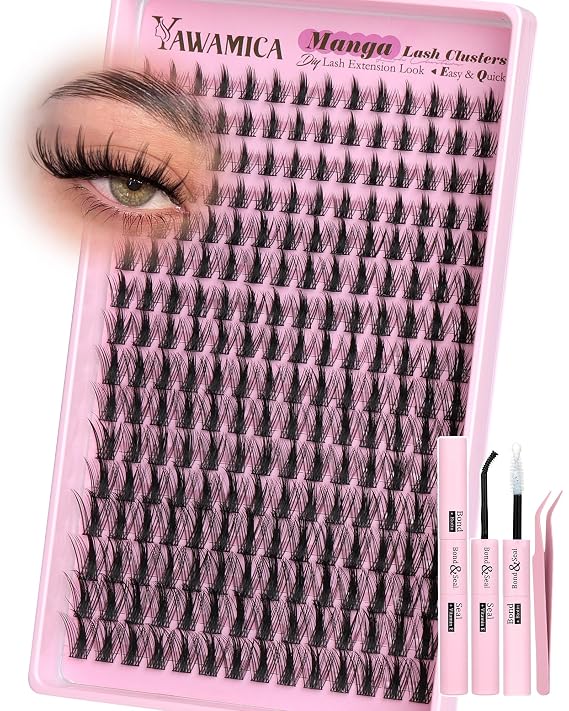 Yawamica Manga Lash Clusters Kit - DIY Eyelash Extension Kit with Bond and Seal & Tweezers, D Curl Wispy Spiky Individual Lashes 10-16mm Mixed Eyelash Clusters, Natural 3D Anime Look for Home Salon