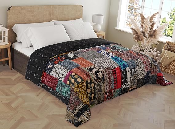Marubhumi Blankets Handmade Cotton Quilts Kantha Blanket Indian Silk Sari Patchwork Quilts, Black - Twin 60 x 90