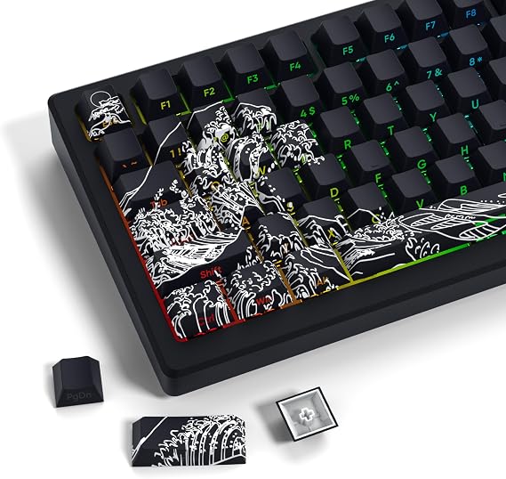 131 Keys Keycaps PBT Custom Keycap Cherry Profile Shine Through Wave of Kanagawa Double Shot Keycaps Side Print Dye Sub Keycap Set Black