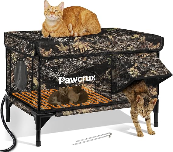 Weatherproof Heated Cat House for Outdoor in Winter, Heated Cat Bed Kitty Shelter with Cat Heating Pad, Insulated & Safe Escape Door, Warm House for Outside Stray Cat(Leaf Color, 17.7"x25.5"x17.9")