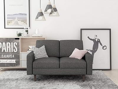 Squared Mid Century Fabric Upholstered Living Room Loveseat, 52, Dark Grey