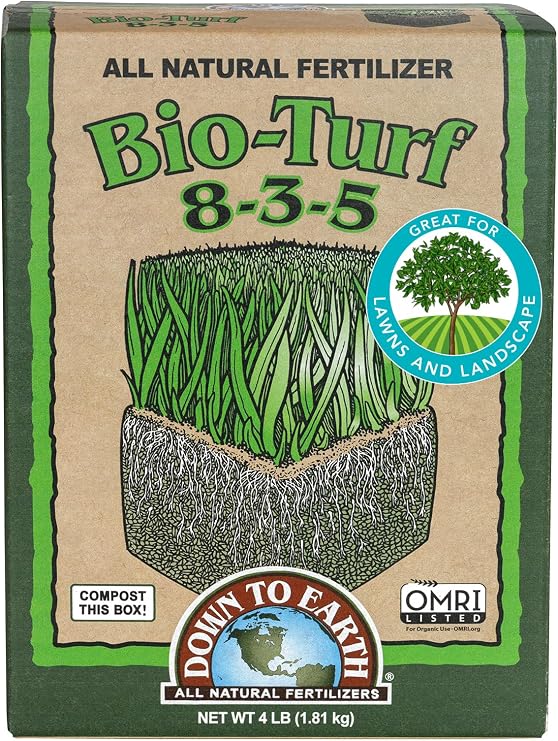 Down To Earth All Natural Fertilizers Organic Bio-Turf - 8-3-5, 4 lb | Granular Lawn Food for Grass, Landscape, Ornamentals, Works with Lawn Spreaders, Trees and Shrubs, High in Nitrogen