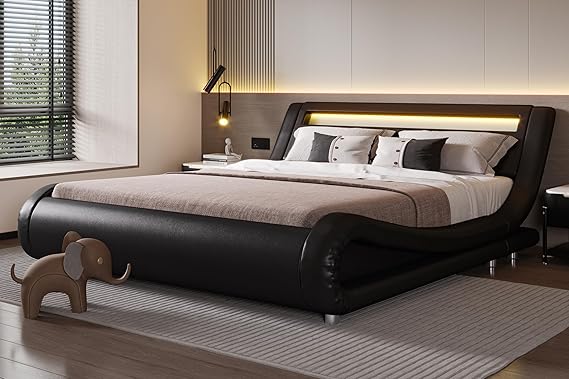 SHA CERLIN Full Size Bed Frame with Modern Upholstered LED Headboard, Black