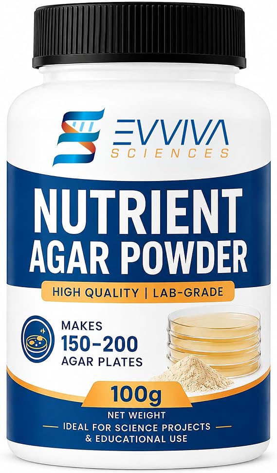Nutrient Agar Powder 100 Grams - Evviva Sciences - Makes Over 150 to 200 Agar Petri Dishes - Easy to Use - Great Science Fair Projects - W/Experiment Ebook