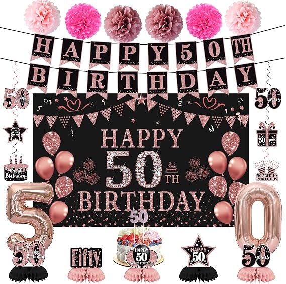 Trgowaul 50th Birthday Decorations - 21pcs Rose Gold Party Supplies, Backdrop, Hanging Swirl Flag, Balloons, 50 Year Old Set