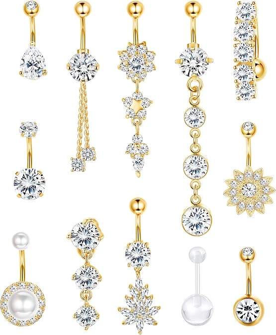 FIBO STEEL 12 Pcs 14G Dangle Belly Button Rings for Women 14K Gold Plated