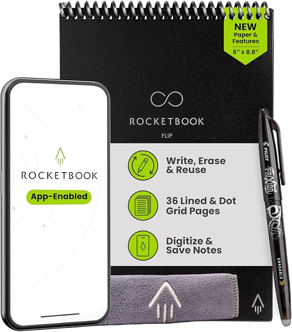 Rocketbook Flip Reusable Smart Notepad, Top Bound Notebook Executive Size 6x8.8, Black - Lined and Dotted Pages, App-Connected, Erasable, Ideal for Righties and Lefties