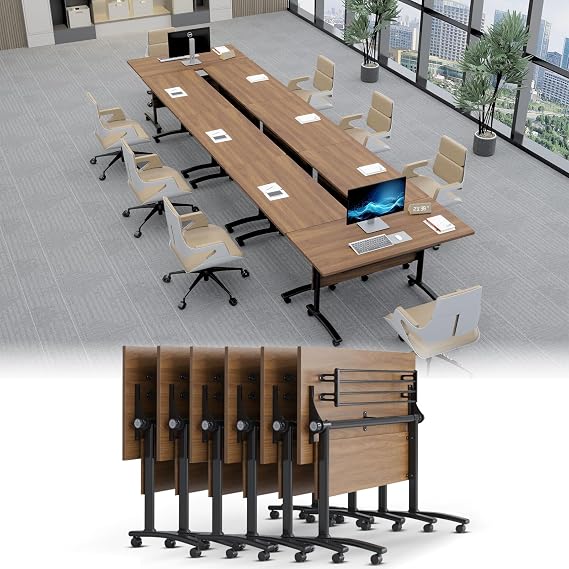Conference Tables on Wheels,Rectangular Folding Training Room Table,Mobile Large Meeting Table 2-16 Person,Stackable Saving Space,for Seminar,Office,Home (2, Walnut, 71in)