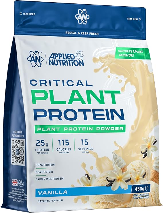 Applied Nutrition Plant Protein Powder – Critical Plant Vegan Protein Shake with SOYA, Pea, Brown Rice Proteins & Essential Amino Acids - Dairy-Free Gym Supplement (450g - 15 Servings) (Vanilla)