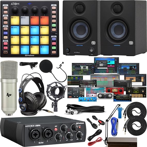 PreSonus AudioBox 96 USB Audio/MIDI Interface with Eris 3.5 Studio Monitors, Studio One Software, ATOM MIDI Pad Controller, Adjustable Suspension Boom Arm and HD7 Headphones