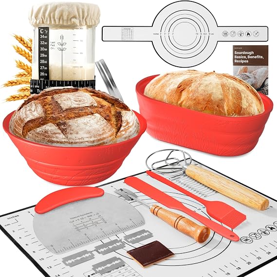 Sourdough Starter Kit with Jar – Complete Sourdough Bread Baking Supplies for Beginners, Includes 2 Silicone Proofing Baskets Baking Mat Sour Dough Kit - Red