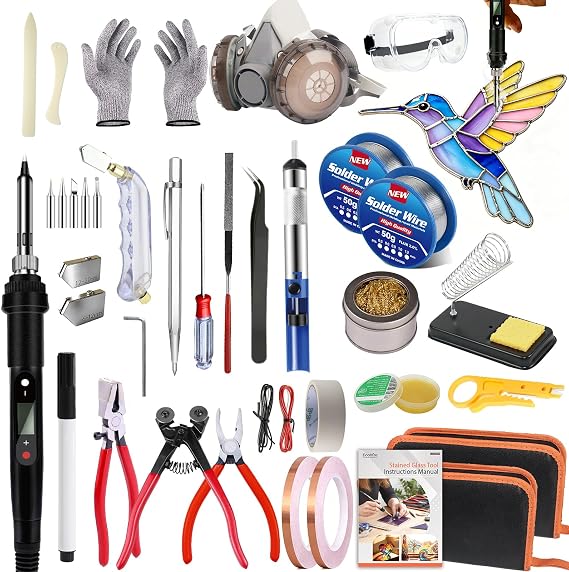 Ecoofor Stained Glass Starter Kit, Complete Stained Glass Making Kit with 100W Soldering Iron, Glass Cutter Tools, Diamond Cutter Set & Instructions for DIY Crafts, Stained Glass Kits for Adults