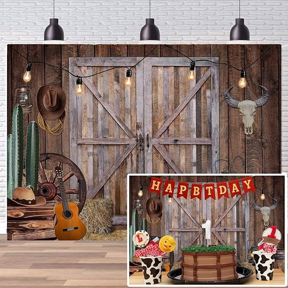7x5FT Western Cowboy Backdrop Wild West Decor Rustic Wooden House Barn Photography Background for Boy Baby Birthday Banner D671