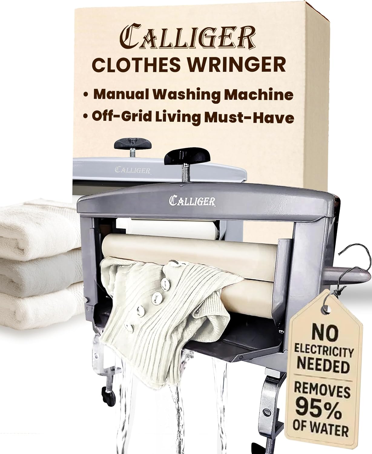 Calliger Clothes Wringer - Better Moisture Removal Than Portable Washing MachinePortable Dryer - Heavy Duty Off Grid Laundry Wringer | Perfect Towel Wringer for Chamois Cloth, Tile Sponge, etc.