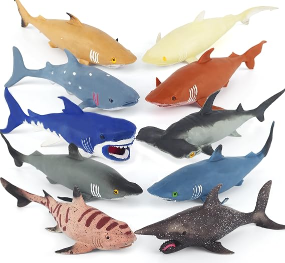 10 Pack Shark Toys,8" Soft and Stretchy Realistic Shark Toy Set,Floating Bathtub Toys and Birthday Party Favors for Boys Girls Kids